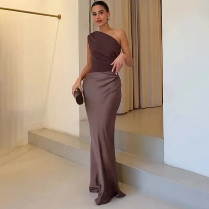 Satin Patchwork One-Shoulder Sexy Maxi Dress Women Sleeveless Ruched Bodycon Dress 2025 New Elegant Wedding Evening Party Robes