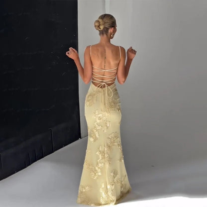 Women Elegant Printed Long Dress Chic Back Lace Up Slim Fish Tail Pendulum Sling Robes 2025 New Lady Party Club Evening Gowms