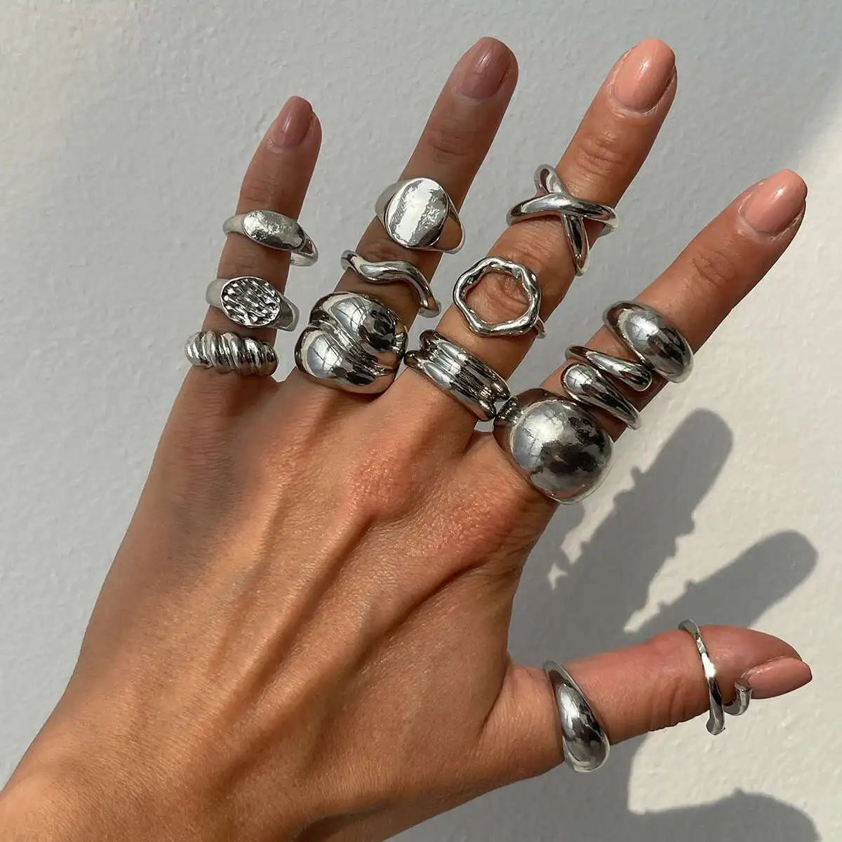 PuRui 14Pcs/Set Retro Creative Silver Color Rings for Women Men Gothic Chunky Thick Hollow Rings Finger Open Adjustable Jewelry