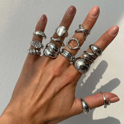 PuRui 14Pcs/Set Retro Creative Silver Color Rings for Women Men Gothic Chunky Thick Hollow Rings Finger Open Adjustable Jewelry