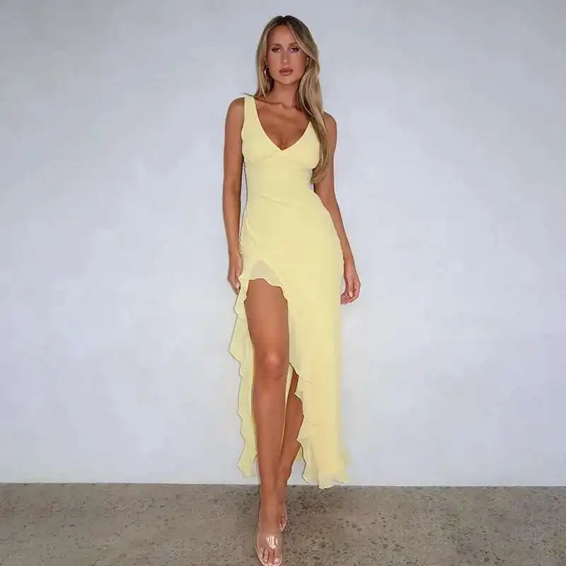 Avrilyaan Ruffle High Split Sexy Dress Women 2024 Robes Elegant Evening Summer Dress Backless Party Long Midi Dress Vestidos