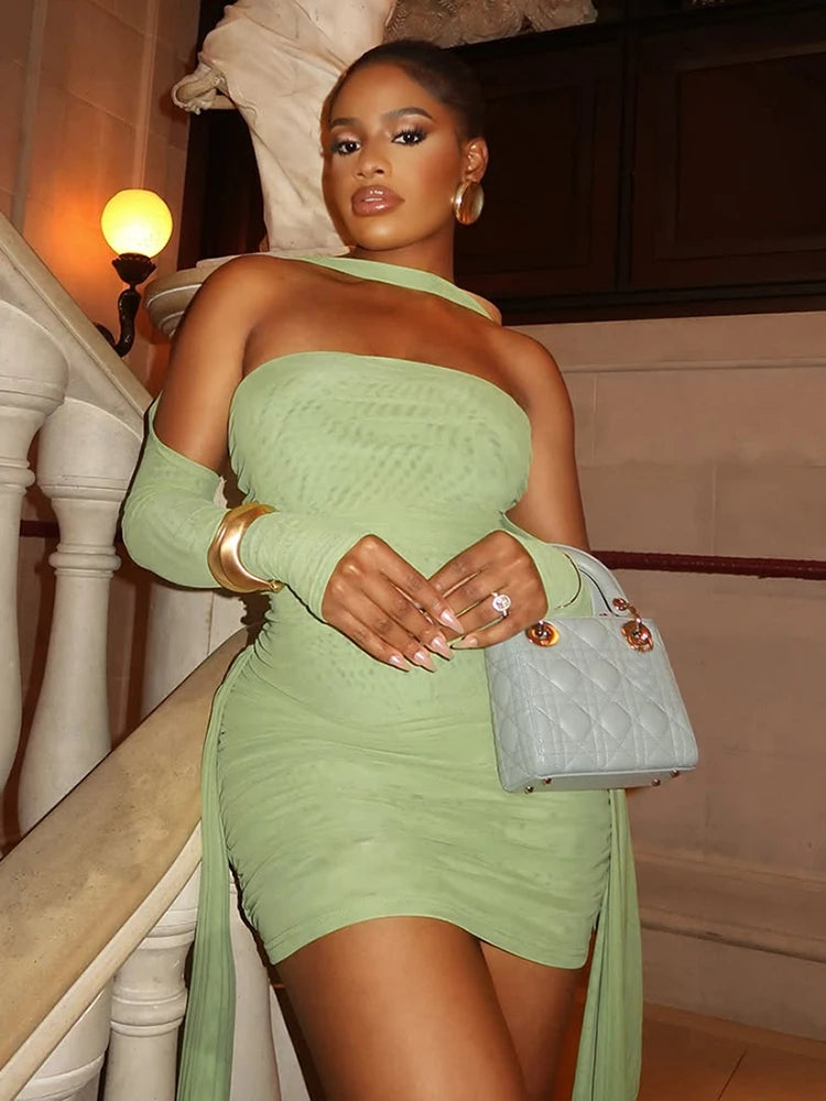 kliou Mesh Simple Women Mini Dress Fashion Solid Strapless Ribbons Tassel Body-shaping Vestidos+Seperately Full Sleeve Gloves