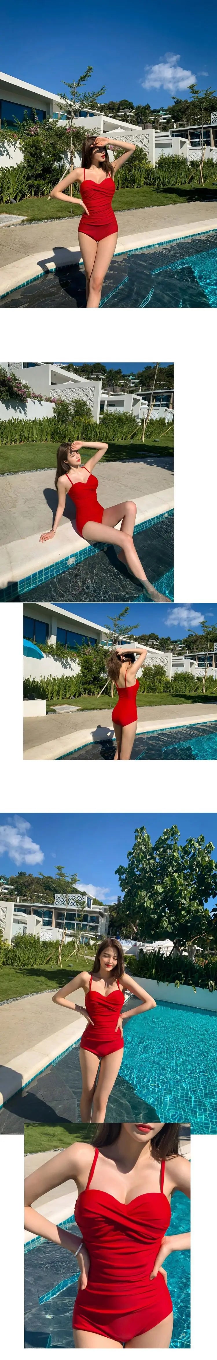 2024 Women One Piece Swimsuit Korean Red Beach Wear Tummy Control Bathing Suit Female Backless Monokini Padded Swimming Pool