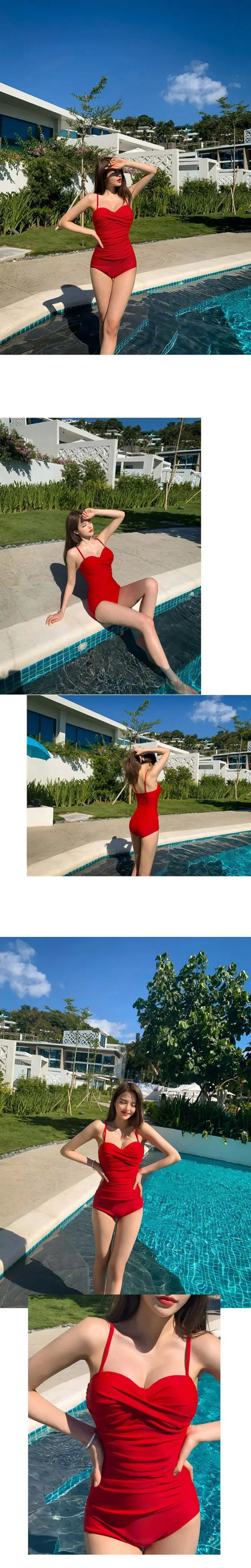 2024 Women One Piece Swimsuit Korean Red Beach Wear Tummy Control Bathing Suit Female Backless Monokini Padded Swimming Pool