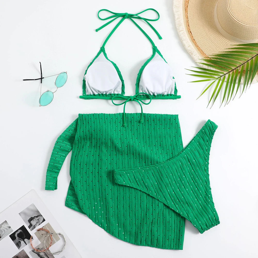 2025 Summer Halter Bikini 3 Pieces Women Special Material Sexy Thong Swimwear With Sarong Skirt White/Black/Pink/Green Beachwear
