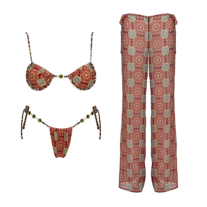 2025 New High Quality Elegant One Piece Swimsuit And Skirt Print Deep-V Lace-up Women Bikini Set Swimwear Party Bathing Suit