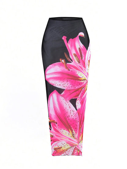 2025 New Flower Print Bikini Set Women's High Waist Long Skirt 3 Piece Swimsuit Sexy Mini Triangle Backless Thong Bathing Suit