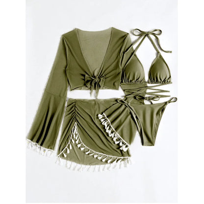 S - XL With Tassel Skirt Long Sleeve Bikini Women Swimwear Female Swimsuit Four-pieces Bikini set Bather Bathing Suit Swim V7060