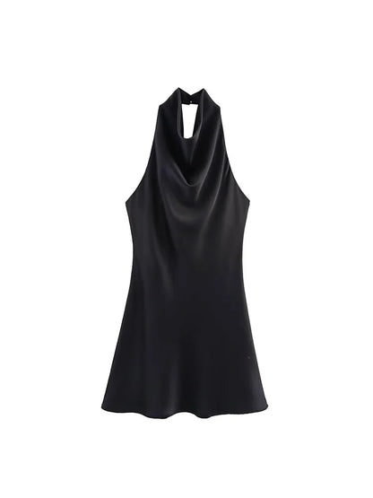 2025 Women Summer Halter Mini Dress Fashion Sexy Satin Backless Solid Female Elegant Street Party Dresses Clothing