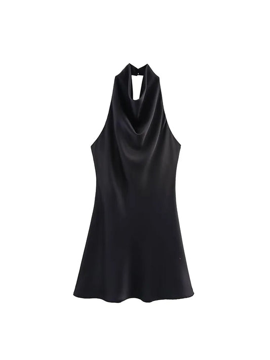 2025 Women Summer Halter Mini Dress Fashion Sexy Satin Backless Solid Female Elegant Street Party Dresses Clothing