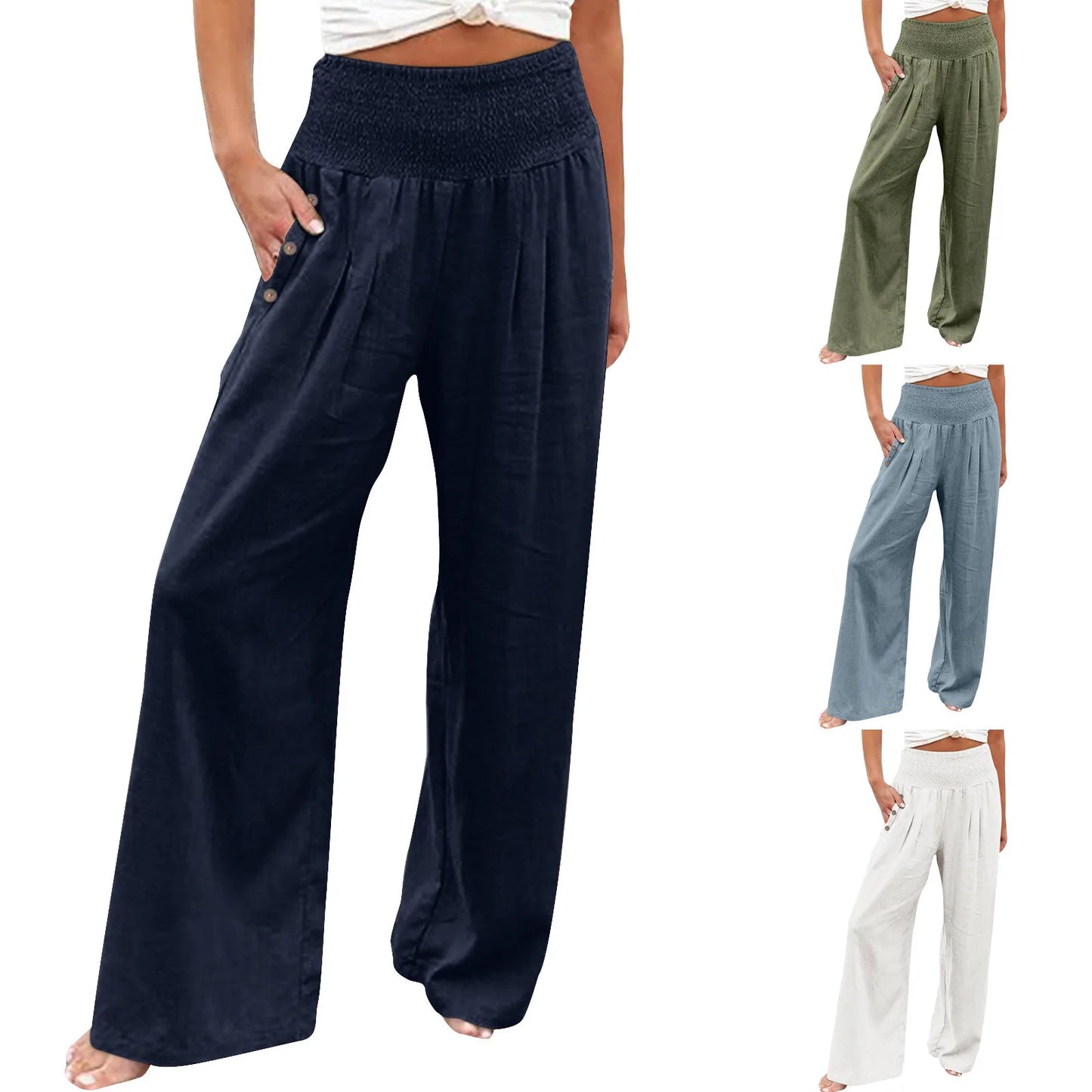 Fashion Cotton Linen Pants Women's Elastic High Waist Loose Wide Leg Pants With Pockets Solid Color Pleated Yoga Sports Pants