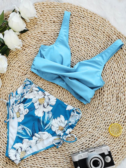 Floral Print V Neck Bikini Sets, Tie Back Tie Side Cut Out High Waist High Cut Two Pieces Swimsuit, Women's Swimwear & Clothing