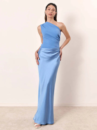Satin Patchwork One-Shoulder Sexy Maxi Dress Women Sleeveless Ruched Bodycon Dress 2025 New Elegant Wedding Evening Party Robes