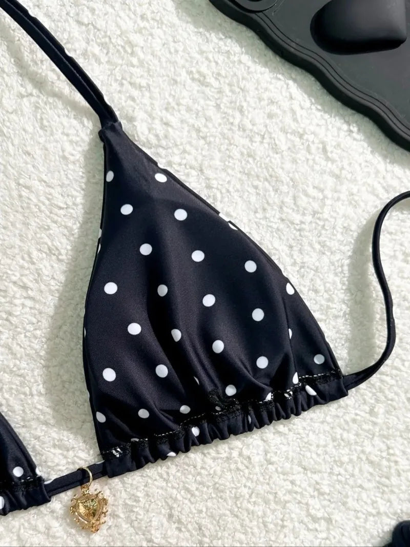 Sexy Bikini Set Black White Polka Dot 2 Piece Swimsuit for Women American Style Beach Bikini