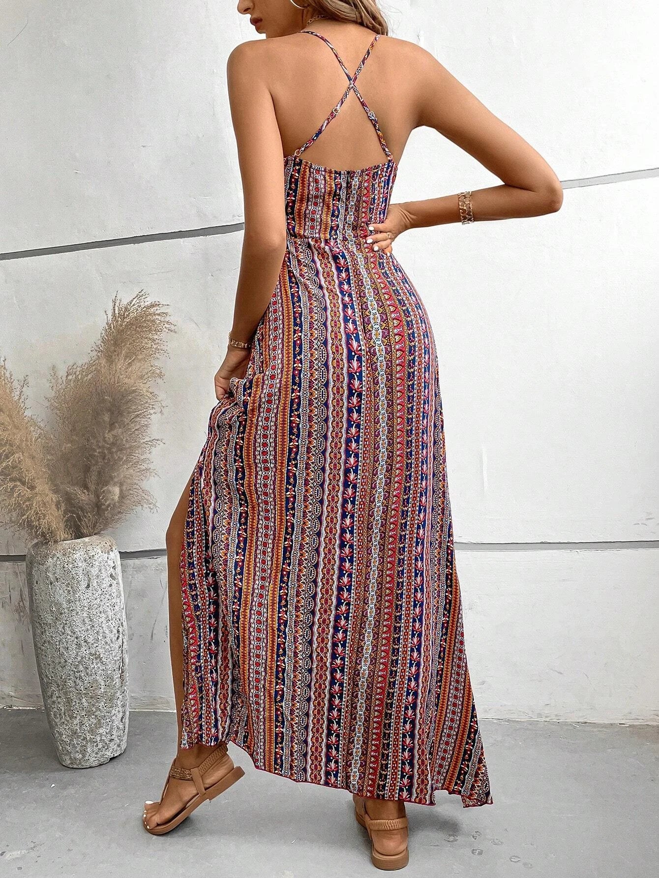 Women's Summer Ethnic Pattern Backless Split Thigh Dress Ladies Summer Clothes Boho Fashion Frill Trim Long Dress for Beach