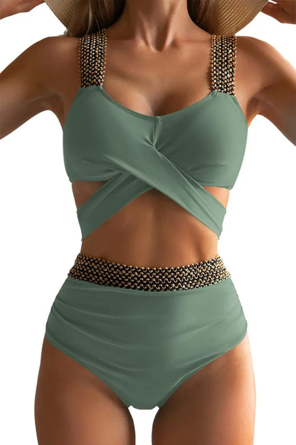 Cross High Waist Bikinis 2025 Women Black Swimwear Solid Swimsuit Female Beachwear Summer Bathers Bathing Suit Swimming