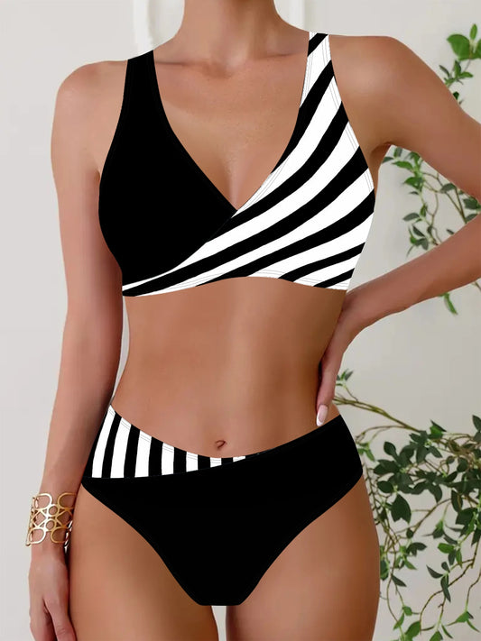 Sexy Women's Fashion Casual Classic Black and White Printed Women's Vacation Two-piece Bikini Set S-5XL