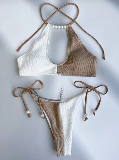 XS - L Splicing Halter Hollow Out Ribbed Bikini Female Swimsuit Women Swimwear Two-pieces Bikini Set Pearls Bathing Suit Swim