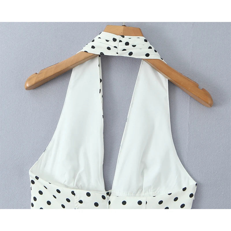 YENKYE French Style Retro Polka Dot Deep V Halter Dress Women Sexy Backless A-line Slim Sweet Elegant Mini Dresses Summer Robe