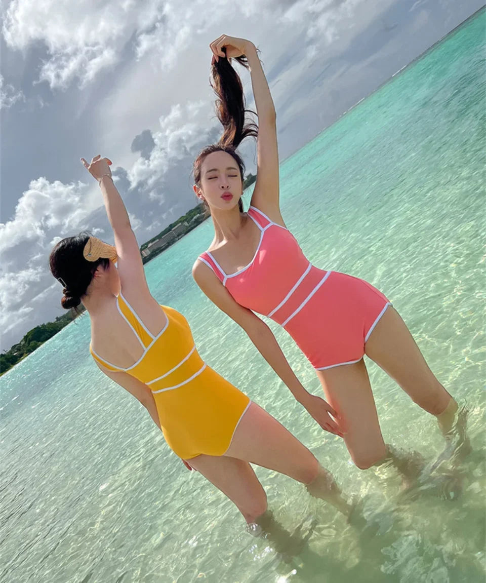 2024 Korean Fashion Swimwear Cute Candy Solid Color Strap High Waist Bandeau Bodysuit Women's Slim Bikini One Piece Swimsuit