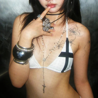 Sexy Y2K letter print Gothic punk tight corset backless sleeveless Emo girl summer bra bikini set 2000s beach vest party punk