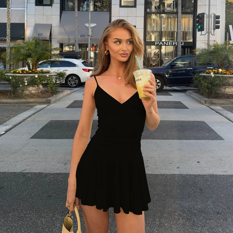 WhereMery Casual Solid Off Shoulder V-neck Slim A-line Dress Sexy Fashion Sleeveless Streetwear Mini Dresses Summer New Vestidos