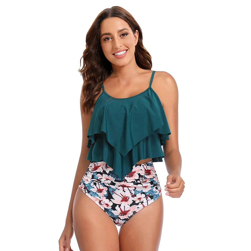 8 Colors Women Ruffled Tankini Set Padded Top With Adjustable Shoulder Straps Elastic Slim Knitted High Waisted Beachwear 2025