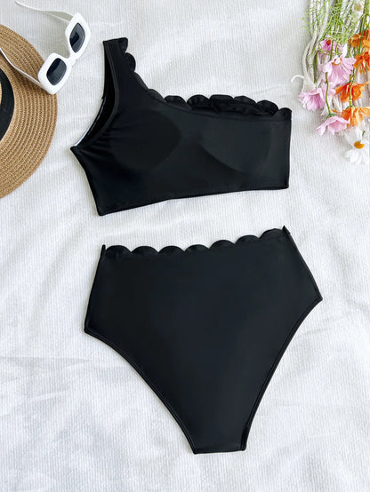 Sexy Black White Patchwork Bikini Women Ruffles One Shoulder Push Up High Waist Swimsuit Summer Bathing Suit Vacation Swimwear