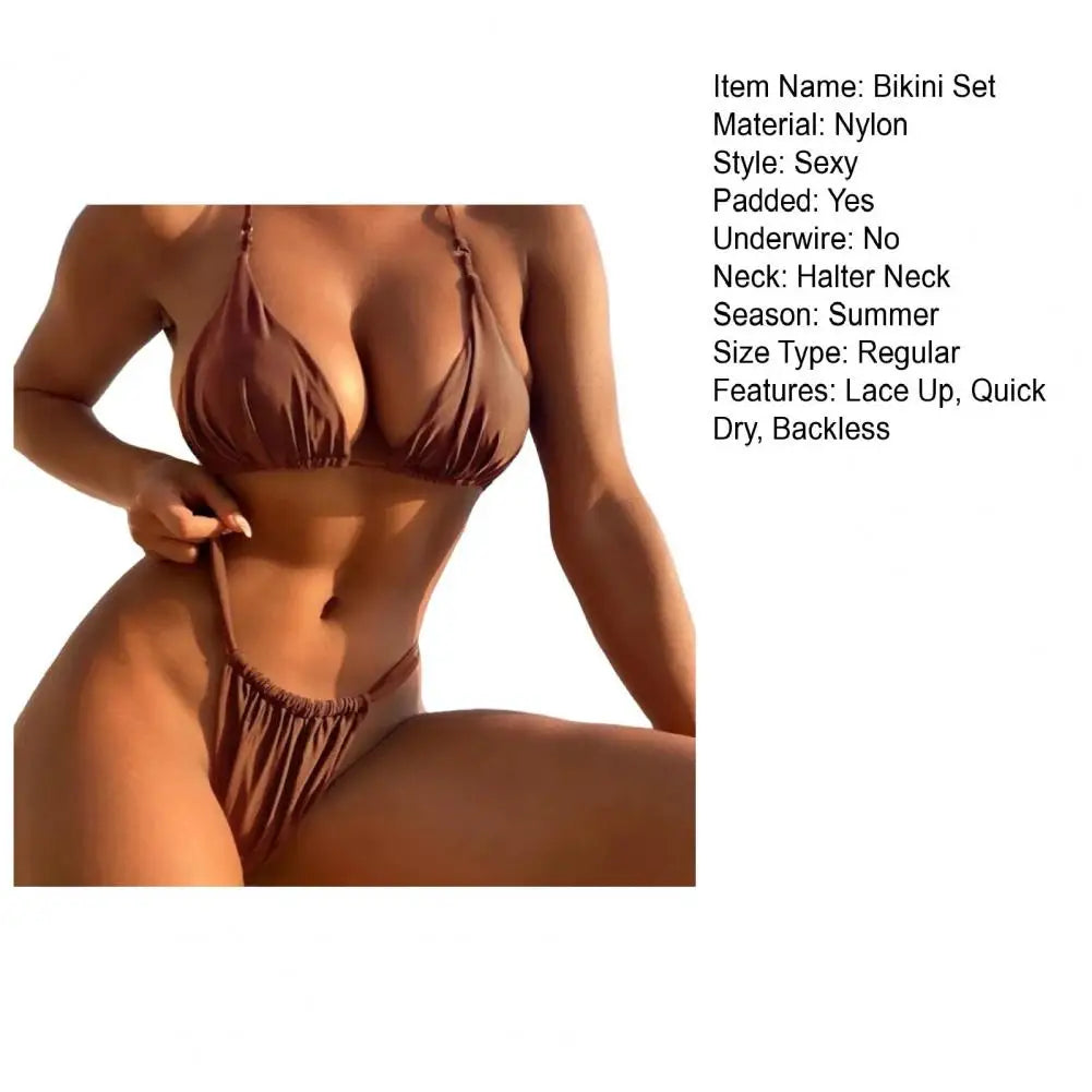 Women Bikini Set Low-cut Pleated Push Up Backless sexy hot girls Bikini Set Lace Up High Waist Halter Neck Bathing Suit Swimwear
