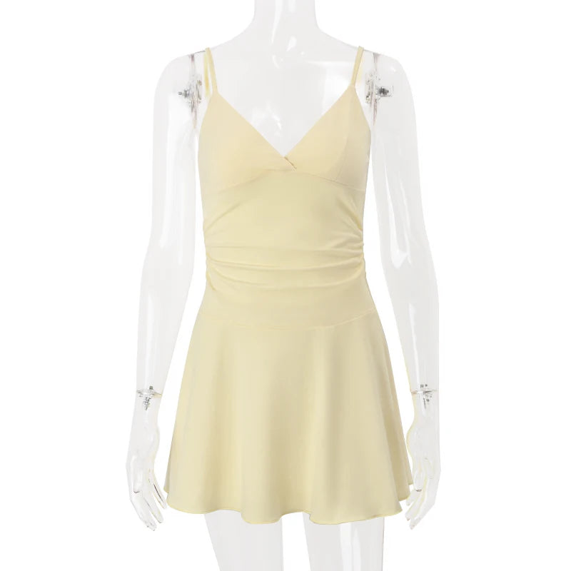 WhereMery Casual Solid Off Shoulder V-neck Slim A-line Dress Sexy Fashion Sleeveless Streetwear Mini Dresses Summer New Vestidos