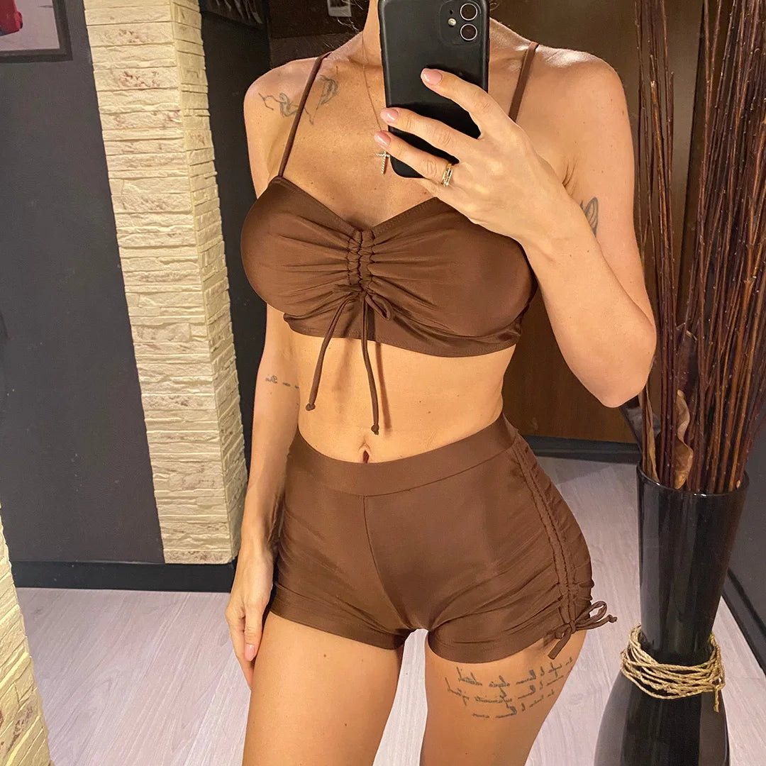 Wrinkled Knotted Shorts High Waist Bikini Female Swimsuit Women Swimwear Two-pieces Bikini set Bather Bathing Suit Swim V6197