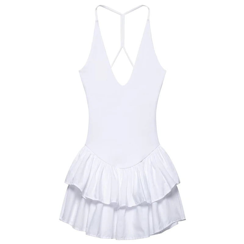 Women's Dresses 2025 Halter Pink Mini Dresses Chic v Neck Layer Ruffles Hem Dress A Line Vestido Summer Ladies Street Party Wear