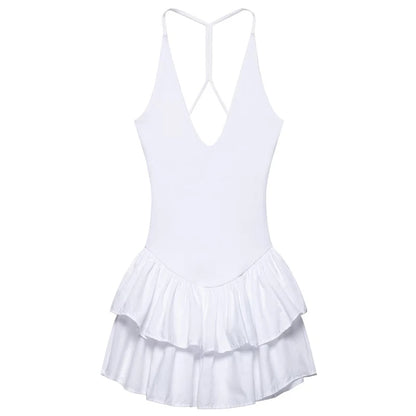 Women's Dresses 2025 Halter Pink Mini Dresses Chic v Neck Layer Ruffles Hem Dress A Line Vestido Summer Ladies Street Party Wear