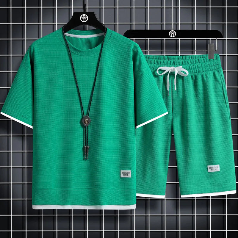 2024 new Summer Men's Waffle Sets Casual T-Shirt And Shorts Set Male Sports Suit Solid Color Tracksuit Loose Suits