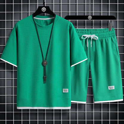 2024 new Summer Men's Waffle Sets Casual T-Shirt And Shorts Set Male Sports Suit Solid Color Tracksuit Loose Suits