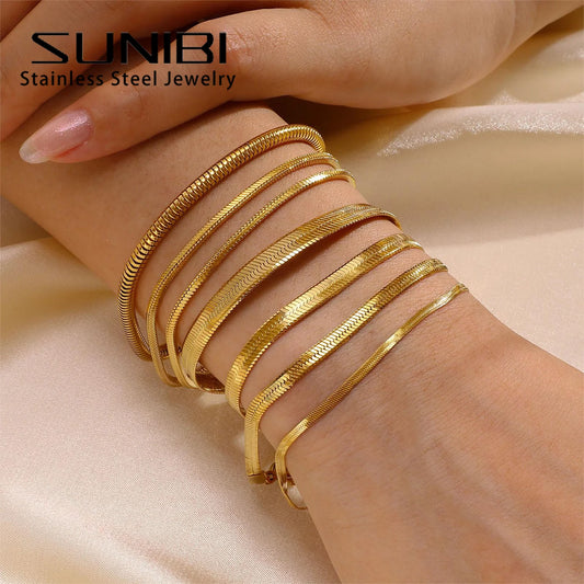 SUNIBI Classic Stainless Steel Snake Chain Bracelet for Women Gold Color Width 2/3/4/5mm Chain Bracelet Women Jewelry Wholesale