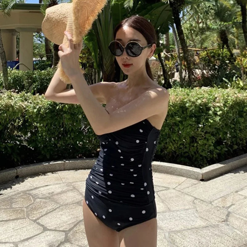 2024 Women One Piece Swimsuit Korean Red Beach Wear Tummy Control Bathing Suit Female Backless Monokini Padded Swimming Pool