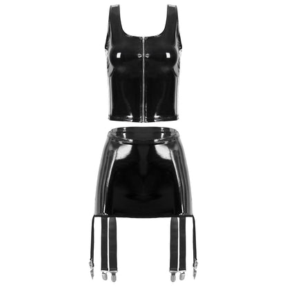 Womens Wet Look Patent Leather Lingerie Two Piece Set U Neck Zipper Tank Top with High Waist Garter Skirt Club Party Costume