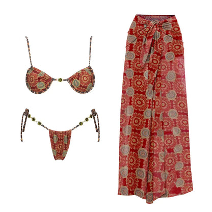 2025 New High Quality Elegant One Piece Swimsuit And Skirt Print Deep-V Lace-up Women Bikini Set Swimwear Party Bathing Suit