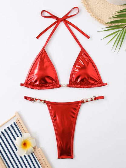 Shiny Pink Micro Bikini 2025 Mujer Women Sexy PU Pearls Push Up Thong Swimsuit Summer Bathing Suit Bandage Holiday Swimwear