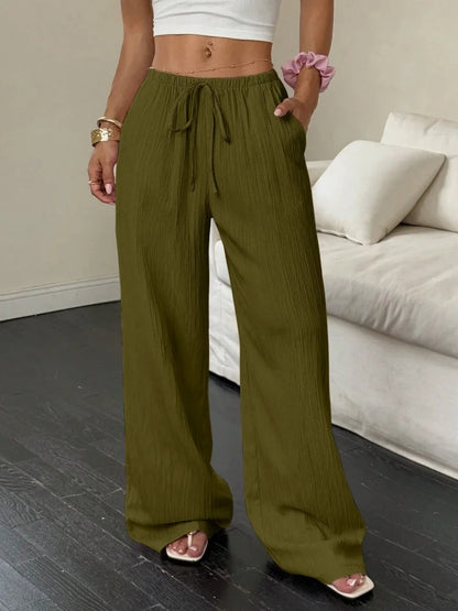 Summer 2025 Women's Casual Solid Color Texture Fabric Waist Belted Side Pocket Wide Leg Pants New Cross-Border Style