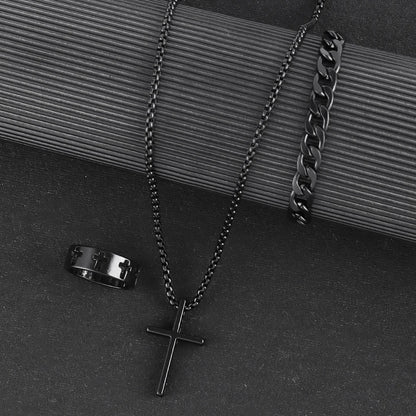 3pcs Set Men's Stainless Steel Metal Cross Pendant Chain Necklace Bracelet Ring Jewelry Set Male Hip Hop Daily Wear Accessories