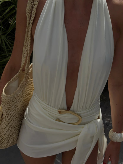 Two Pieces Micro Bikini 2025 Sexy Swimsuit Women Halter Swimwear Biquini Female Solid Bodysuit Bathing Suits Sarong Mini Skirt