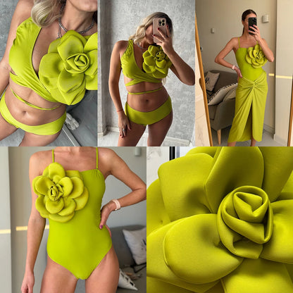 2025 3D Flower Bikini Set With Cover Up Luxury Swimsuit Women Sexy Floral Swimwear High Waist Monokini Desire Bodysuit Swim Suit