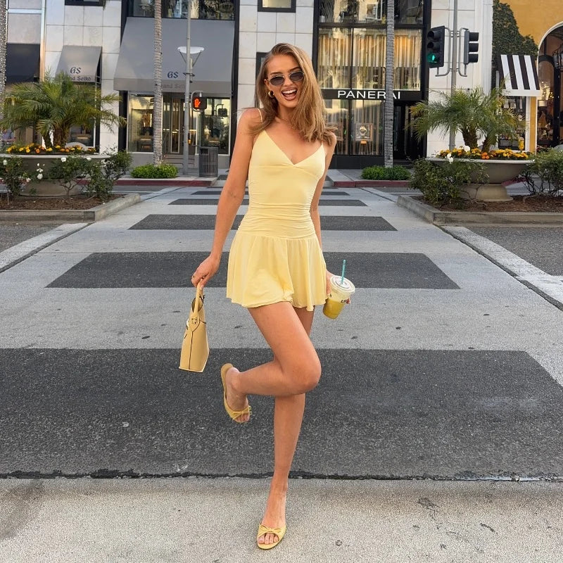 WhereMery Casual Solid Off Shoulder V-neck Slim A-line Dress Sexy Fashion Sleeveless Streetwear Mini Dresses Summer New Vestidos