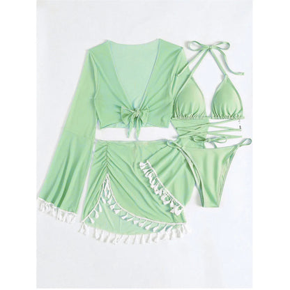 S - XL With Tassel Skirt Long Sleeve Bikini Women Swimwear Female Swimsuit Four-pieces Bikini set Bather Bathing Suit Swim V7060