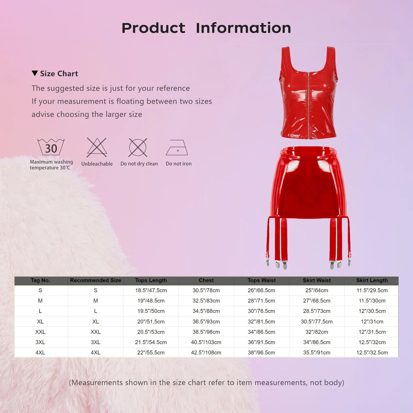 Womens Wet Look Patent Leather Lingerie Two Piece Set U Neck Zipper Tank Top with High Waist Garter Skirt Club Party Costume