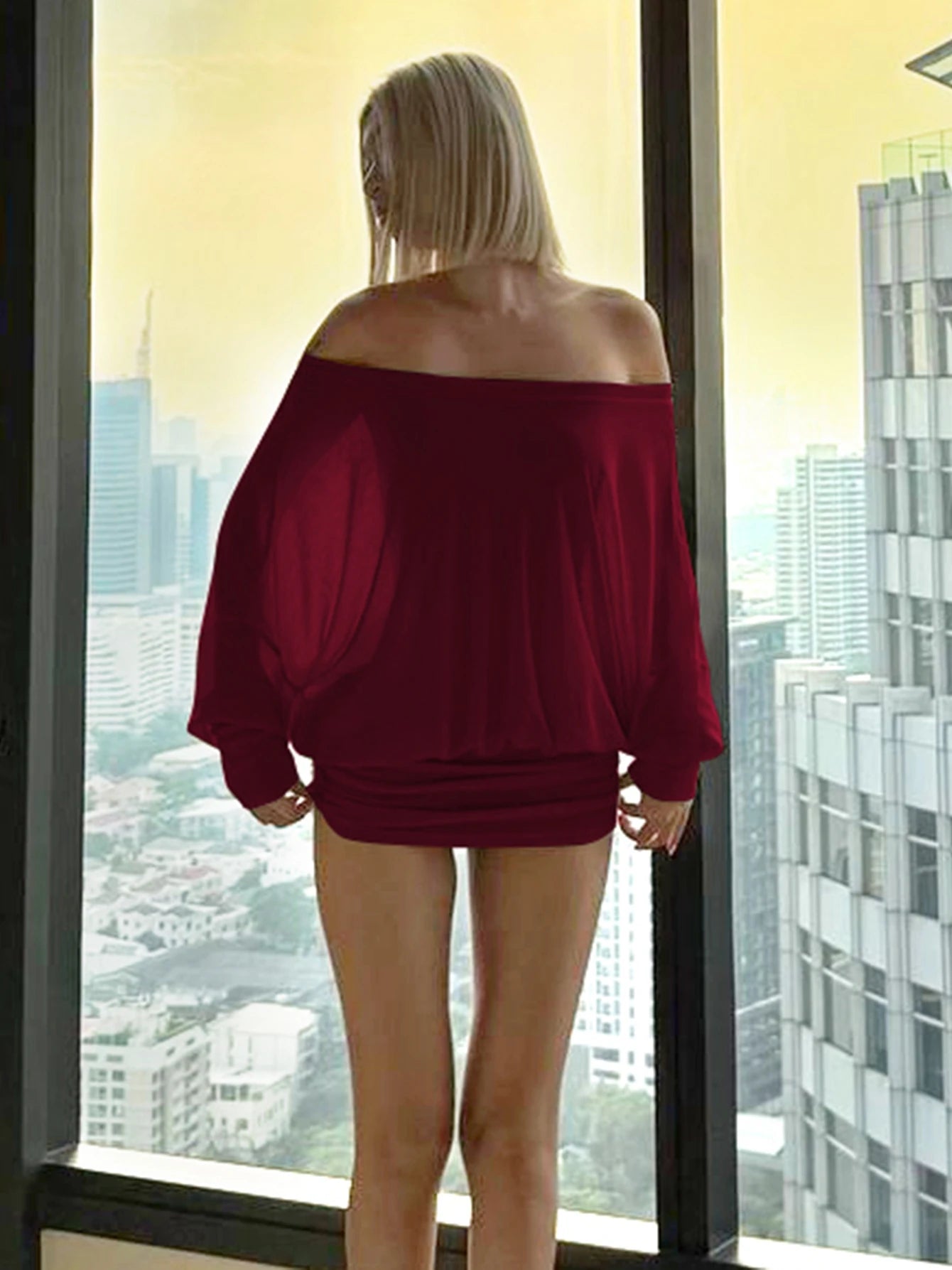 Dulzura Off Shoulder Long Sleeves Ruched Patchwork Mini Dress Women’S Sexy Elegant Casual Outfit Party Clubwear Spring Summer