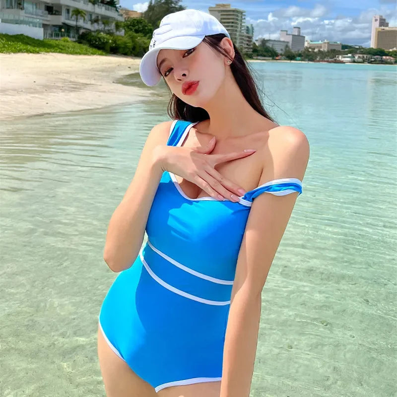 2024 Korean Fashion Swimwear Cute Candy Solid Color Strap High Waist Bandeau Bodysuit Women's Slim Bikini One Piece Swimsuit