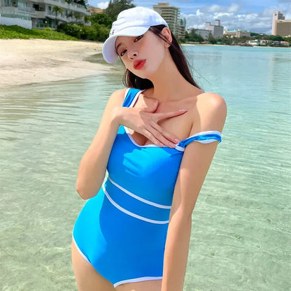 2024 Korean Fashion Swimwear Cute Candy Solid Color Strap High Waist Bandeau Bodysuit Women's Slim Bikini One Piece Swimsuit